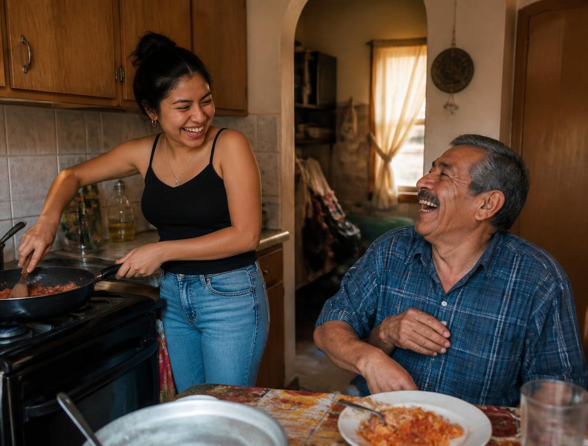 A granddaughter cooking with her grandfather in his kitchen